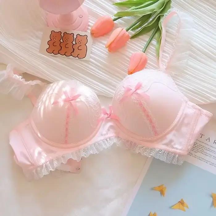 Dentelle douce, lingerie de style princesse Lolita, petits seins froncés pour femmes, sans anneaux en acier, soutien-gorge mignon