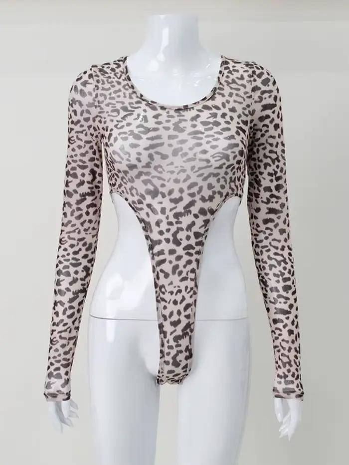 Body léopard à manches longues, Lingerie transparente en maille, hauts Sexy pour femmes, tenue Rave Y2k, vêtements moulants une pièce