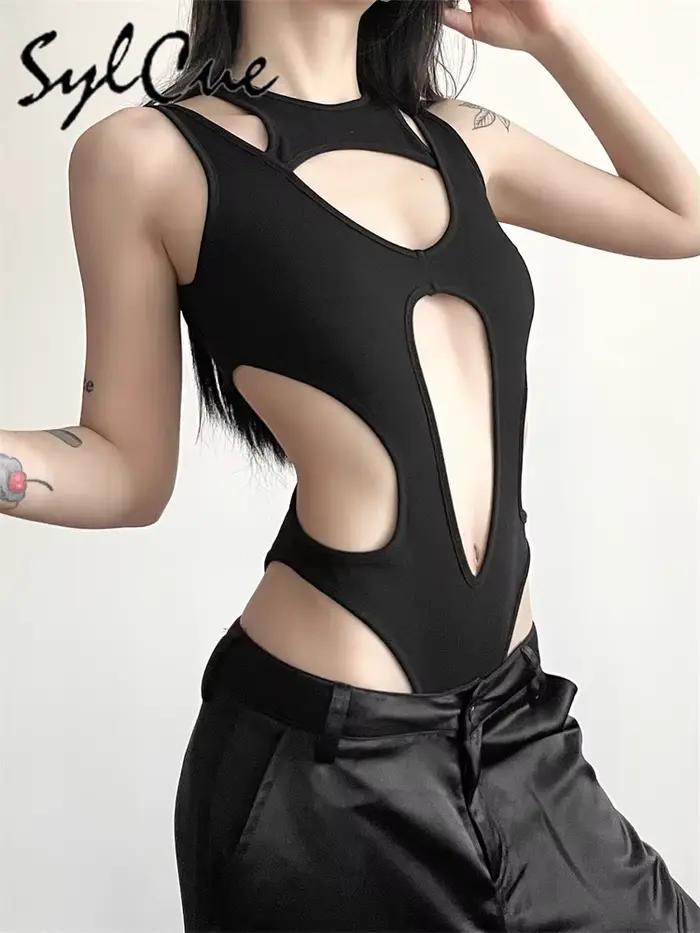 Tajomné čierne Sylcue Sexy diskotéka horúci výstrih Všestranný Cool osobnosť Módny Zrelý krásny obtiahnutý overal