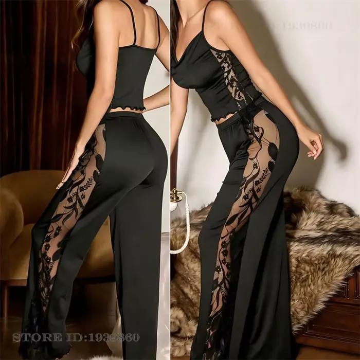 Ensemble de pyjama sexy pour femme, lingerie, vêtements de nuit, vêtements d'intérieur, ensemble de pyjama ample en dentelle ajourée avec bretelles et pantalon, tenue décontractée