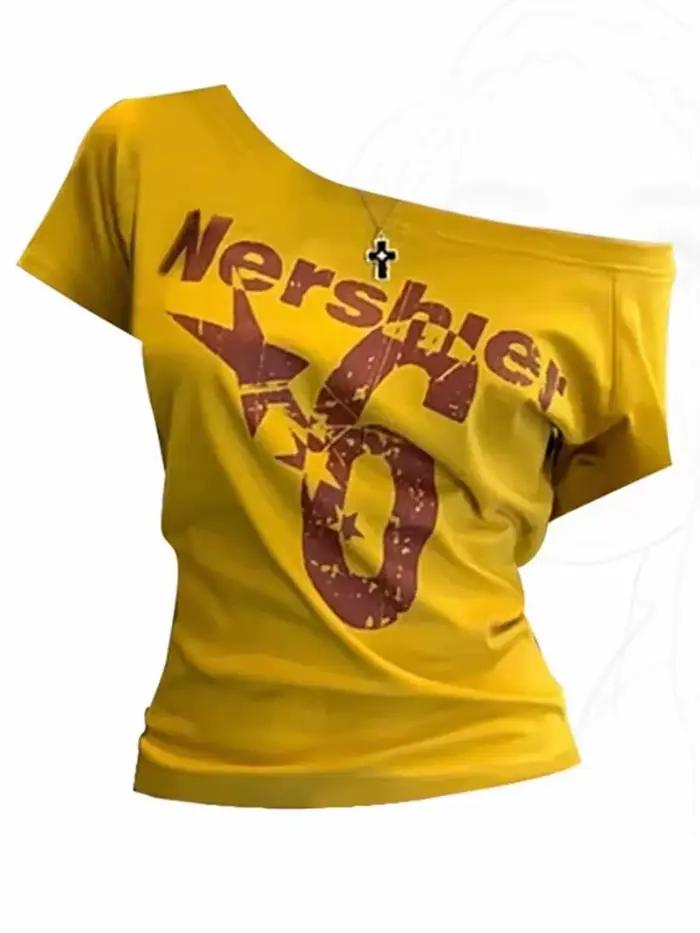 T-Shirt féminin vintage des années 2000 avec coupe décontractée et col cou fendu pour femmes, idéal pour les sorties entre amis et les journées détentes