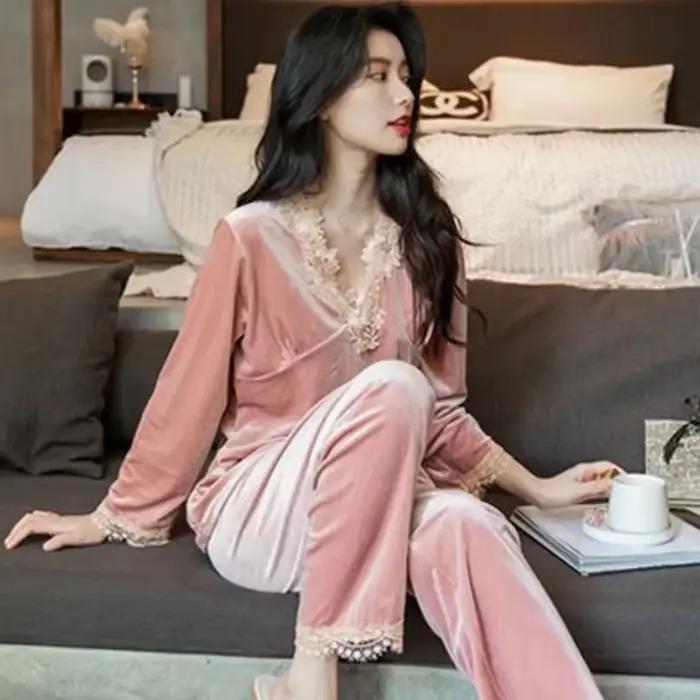 Ensemble de pyjamas en velours pour femmes, automne-hiver, manches longues, pantalon long, vêtements de maison, confortables, décontractés, élégants, vêtements de nuit