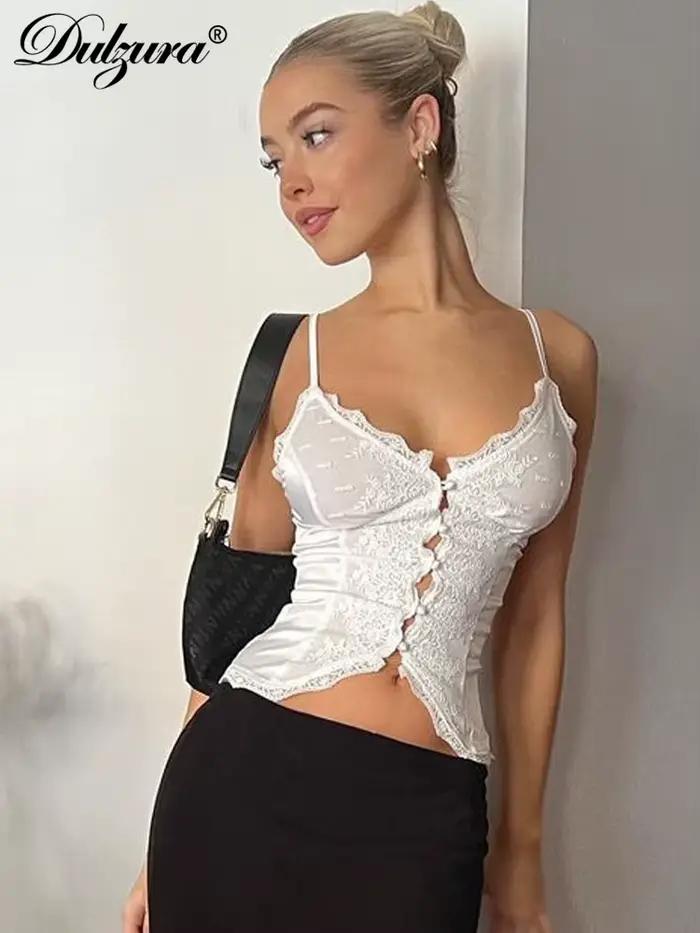 Dulzura 2023 Letné Dámske Biele Čipkované Podväzky Saténový Top S Výšivkou Camisole Sexy Y2K Elegantný Klubový Streetwear
