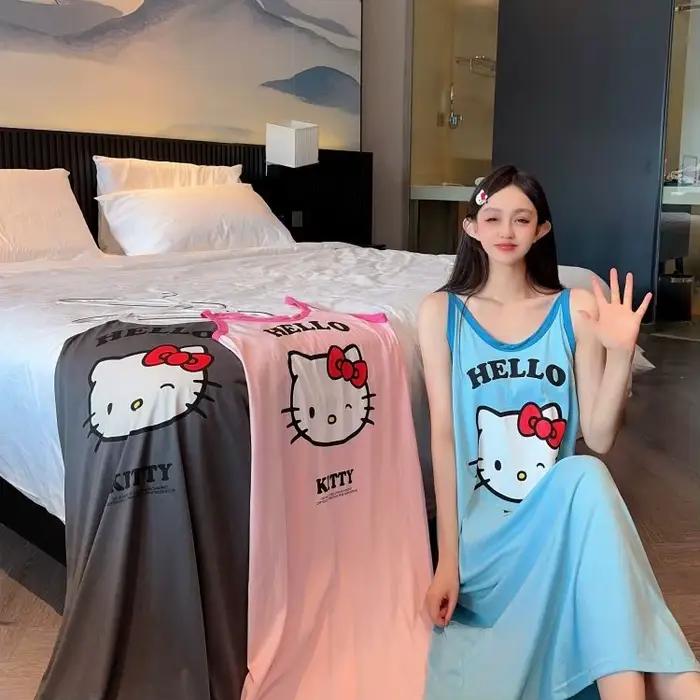 Chemise de nuit sans manches surdimensionnée Kawaii Sanrio Hello Kitty, grande taille pour femmes, robe de nuit d'été en coton doux, vêtements de détente à imprimé de dessin animé