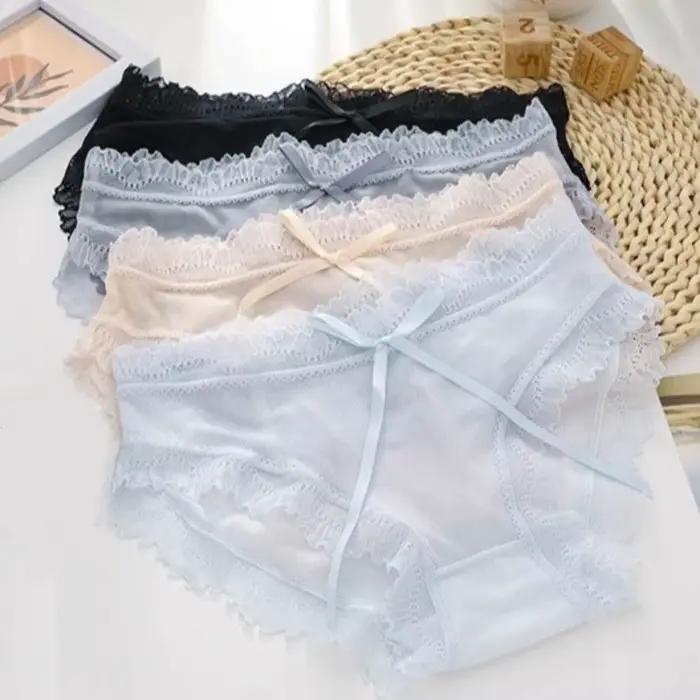 Culottes en dentelle taille basse en soie glacée avec nœud pour femme, entrejambe en coton, sans couture