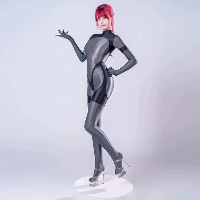 Combinaison brillante et lisse pour femmes, fermeture éclair au dos, Patchwork, body une pièce à manches longues, salopette Sexy Cosplay Clubwear, justaucorps serré