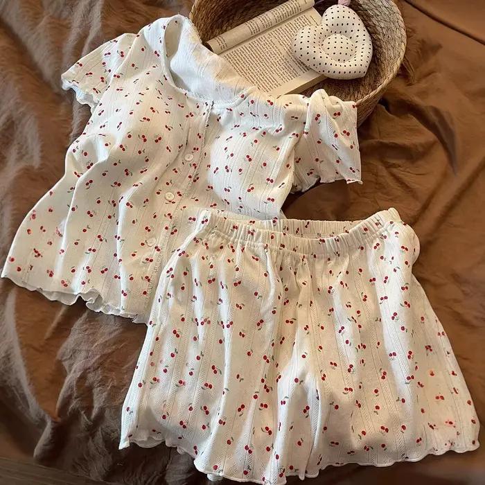 Nouveaux pyjamas d'été pour femmes, pyjamas imprimés mignons pour filles, fins avec coussinets de poitrine, ensemble de vêtements de maison à manches courtes et shorts