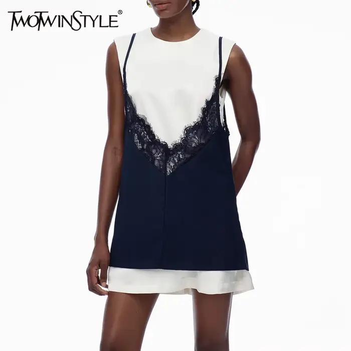 TWOTWINSTYLE Hit farebná spájaná čipka ležérne šaty pre ženy s okrúhlym výstrihom bez rukávov základné mini