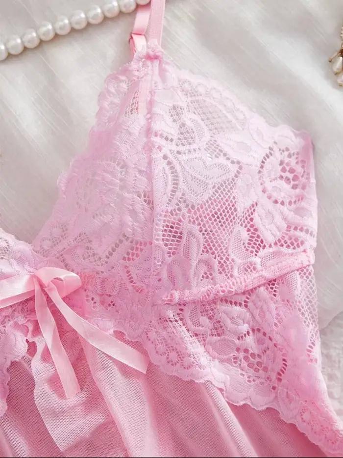 Ensemble rose pour femmes, Lingerie tanga Sexy, chemise de nuit Teddy, pyjama féminin exquis, col en v avec culotte, ensemble 2 pièces, robe de nuit
