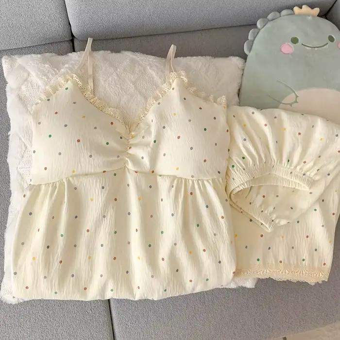 Ensemble de pyjama pour femmes, camisole colorée à pois avec coussinets de poitrine, vêtements de nuit deux pièces, col en V en dentelle, sans manches, pyjama doux et confortable