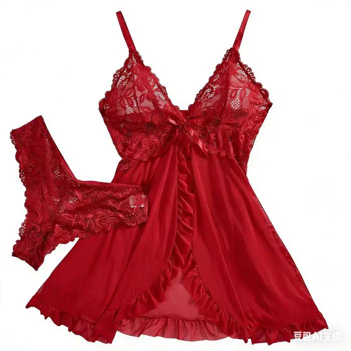 Ensemble de lingerie sexy pour femme, comprenant un soutien-gorge érotique, une chemise de nuit en dentelle sexy, des robes de nuit et des robes douces et ajustées de couleur unie à col en V, style nu