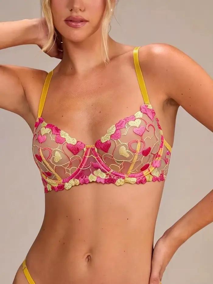 Ensemble de lingerie en tulle transparent avec soutien-gorge brodé floral rose pour femmes, sexy et élégant, idéal pour les occasions spéciales