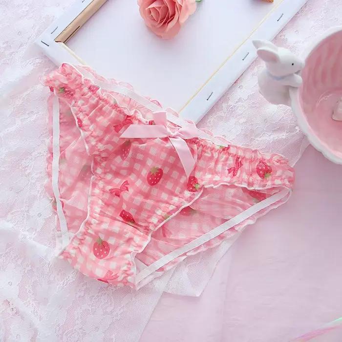 Roztomilá jahodová školáčka nohavičky Sexy sieťované priedušné japonské Kawaii Lolita spodné prádlo pre ženy tangá