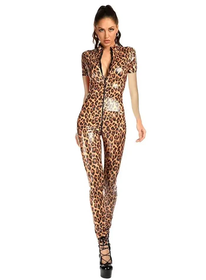 Combinaison moulante pour femme en cuir verni imprimé léopard, à manches longues et fermeture éclair, style catsuit pour soirées et clubs