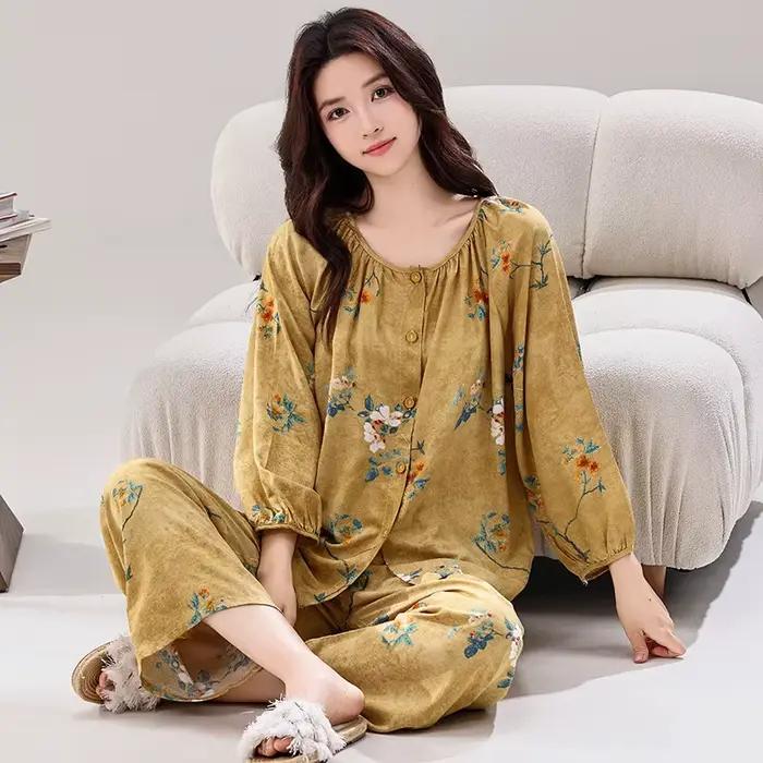 Pyjama féminin en coton viscosé imprimé pour femmes élégant et confortable occasion nuit automne maison
