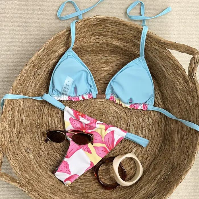 Micro bikini sexy bleu ciel à imprimé floral 2026 pour femme, avec soutien-gorge push-up et string plissé, maillot de bain de plage et de vacances