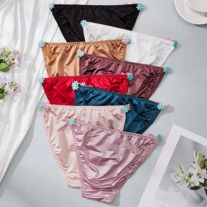 Culottes en satin de soie taille basse avec entrejambe en coton, motif floral, respirantes, pour femme