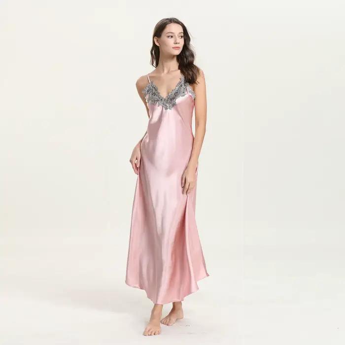 Chemise de nuit en satin de dentelle pour femmes, chemise de nuit sexy, chemise longue, vêtements de nuit