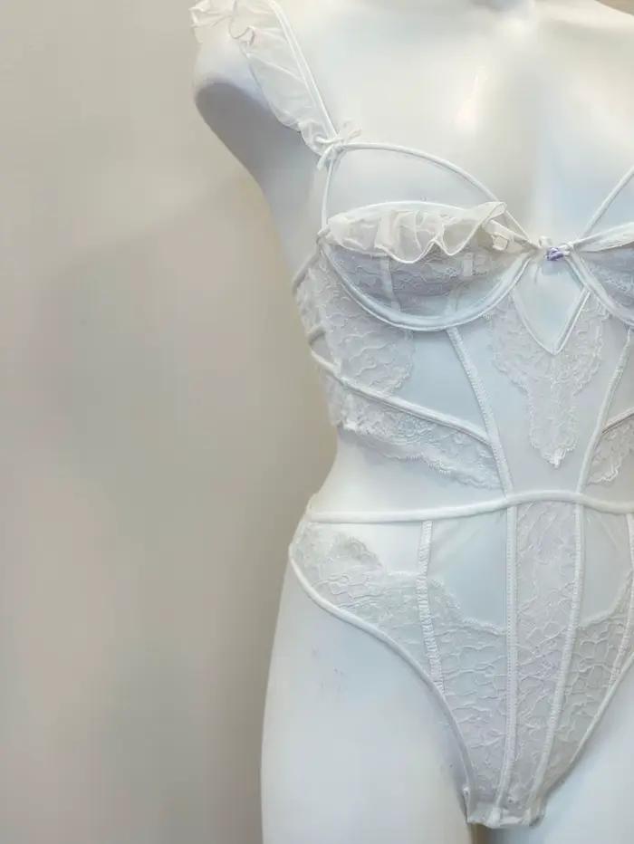 Combinaison de batterie une pièce pour femme, mouche à volants sans coussinets de poitrine avec armatures, ensemble de soutien-gorge de lingerie sexy, sous-vêtements en dentelle évidée, bralette