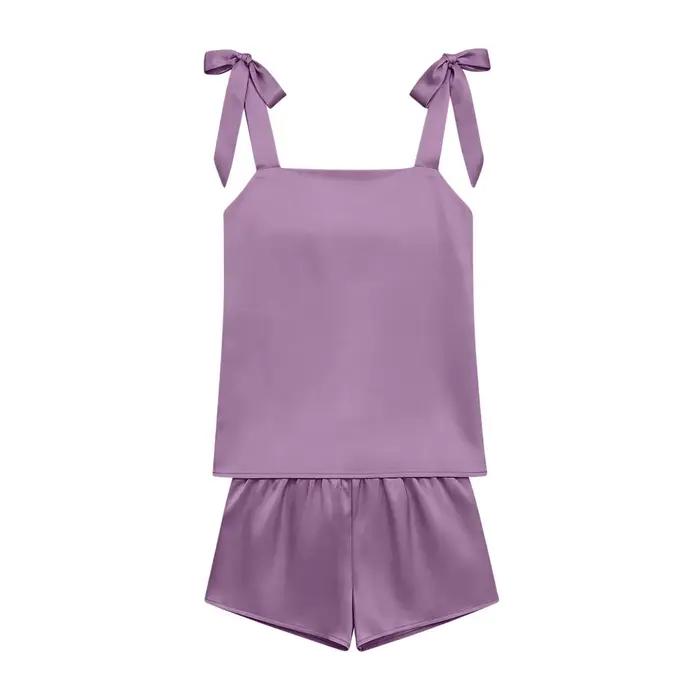 Ensemble pyjama en satin pour femme, haut de pyjama à bretelles et short, 2 pièces, couleur unie, soyeux et lisse, vêtements de nuit et de détente pour l'été