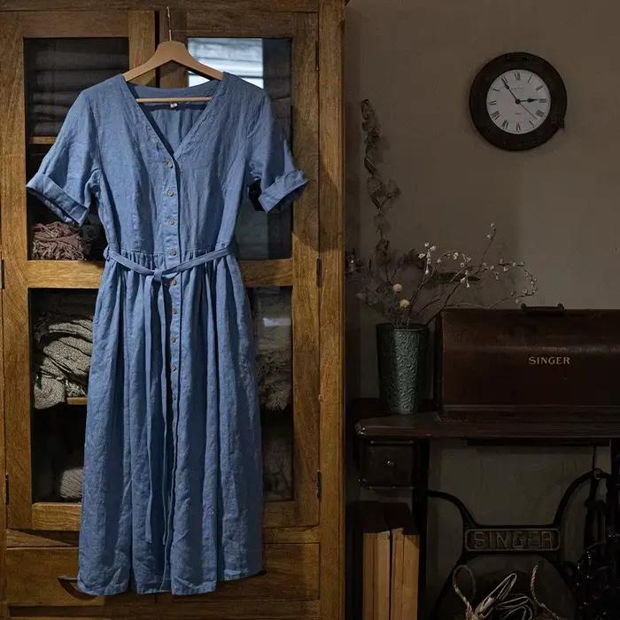 Retro bavlnená a ľanová dlhá šaty pre ženy