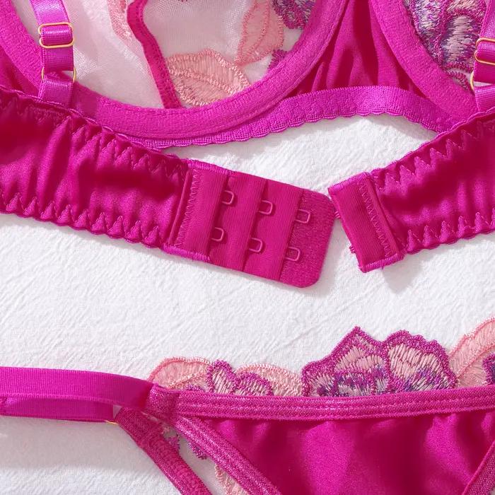 Červená ruža kvetinová výšivka sexy priesvitná podprsenka ultra tenký košíček push-up veľký displej set podprsenky