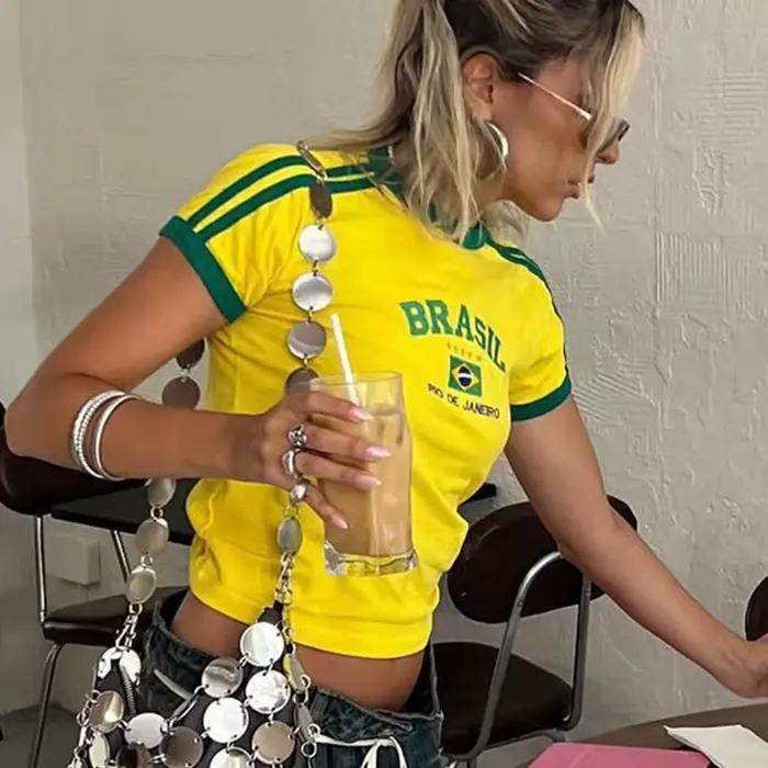 BRASIL grafický potlač Goth Y2k žlté chudé crop top tričko pre ženy Sexy Streetwear 2000s Harajuku nové