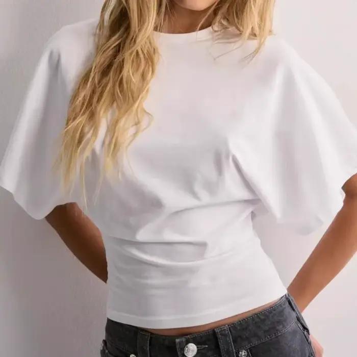 T-shirt court décontracté élastique, coupe ajustée, col rond, manches courtes, couleur unie, froncé, style corset