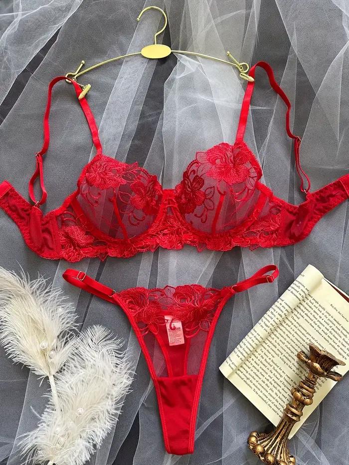 Červené sexy body Lingerie pre ženy čipka priesvitné spodné prádlo víla výšivka krátke súpravy jemná podprsenka