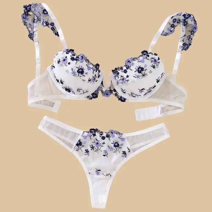 Ensemble de lingerie sexy avec broderie florale, lingerie push up, soutien-gorge transparent, 2 pièces, sous-vêtements fantaisie pour femme, lingerie intime délicate