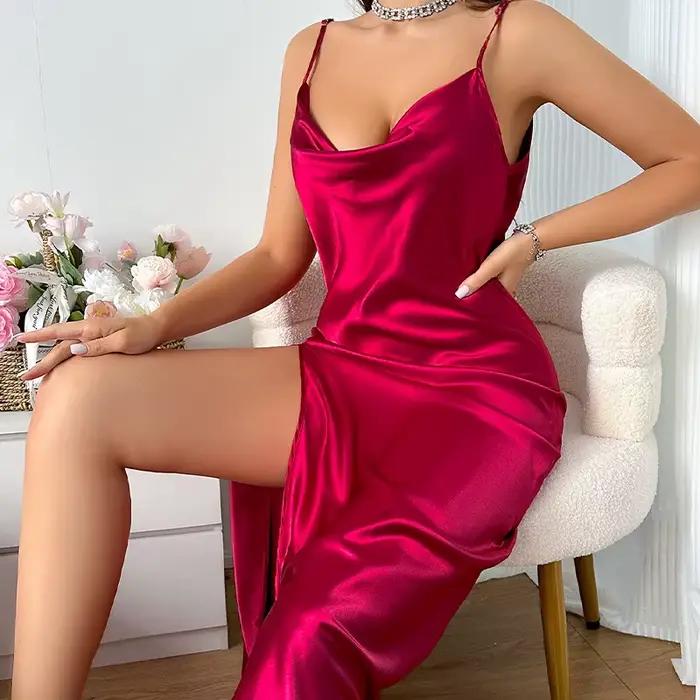 Robe de nuit sexy pour femme en satin de soie uni, style nuisette, avec col drapé, dos nu fendu, longue robe de nuit maxi