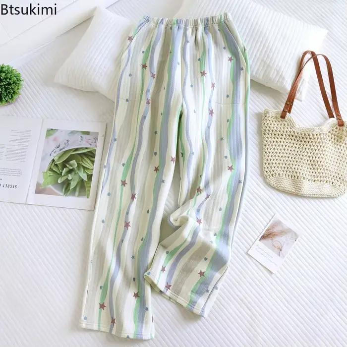Pantalon de pyjama imprimé 100% coton pour femme, vêtement de maison chaud à trois couches, décontracté, ample, Long, nouvelle collection automne et hiver