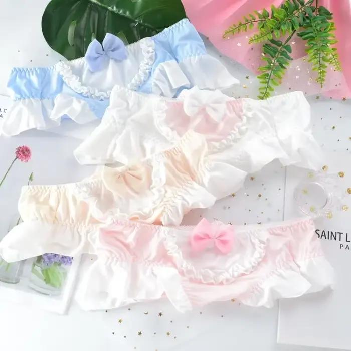 Veľká veľkosť dámske hodvábne mlieko roztomilé krásne jemné princeznovský štýl Lolita mašlička volániky nohavičky elastické cukríkové farby spodná bielizeň