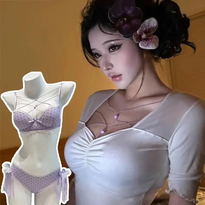 Ensemble soutien-gorge et culotte en dentelle à pois avec nœuds, lingerie sexy push-up pour femme