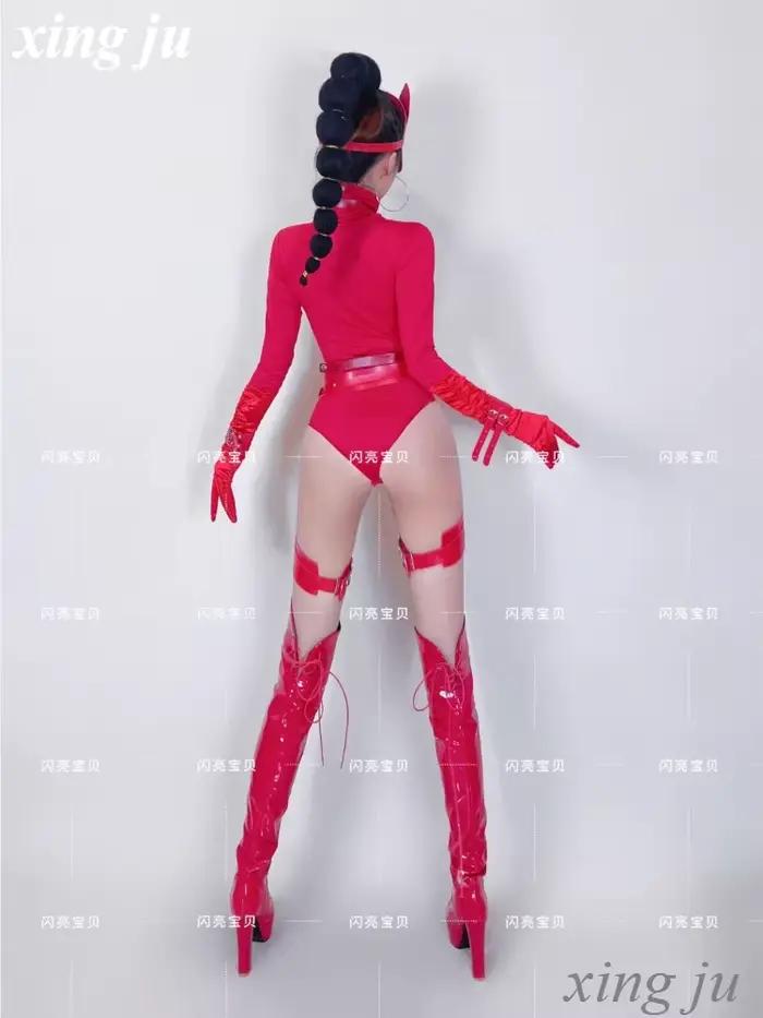 Discothèque femme chanteuse pôle danse Sexy rouge à manches longues combinaison filles Performance Costume DJ scène serré Shorts danseur tenues