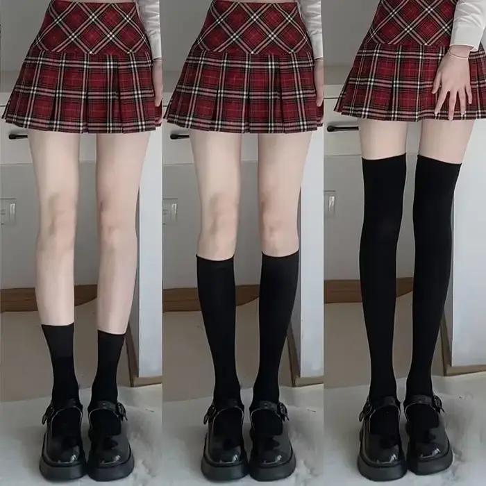 Chaussettes longues de couleur unie, noir et blanc, bas JK Style japonais pour écolières, bas hauts de cuisse, Lolita Kawaii, chaussettes hautes mignonnes