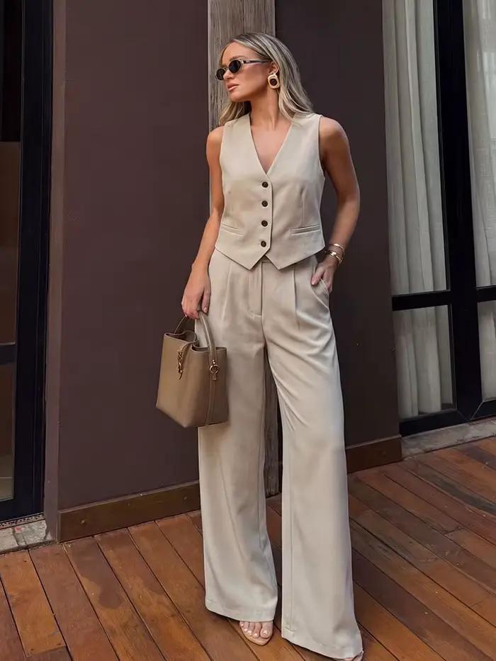 Ensemble veston sans manches et pantalon de bureau pour femmes, polyester, col en V, fermeture bouton unique, occassionnellement décontracté, printemps été