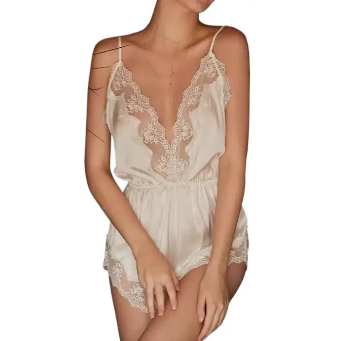Sexi pyžamo pre ženy, jednodielne kombinézy z ľadového hodvábu s čipkou a ramienkami