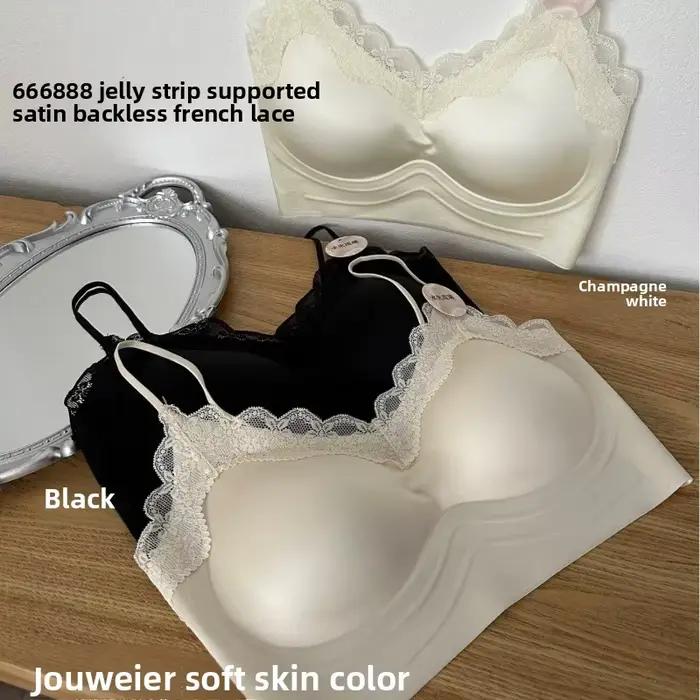 Soutien-gorge sans dos en satin pour femme, bustier en dentelle française avec bandes de maintien en gel, effet push-up, lingerie confortable et brillante