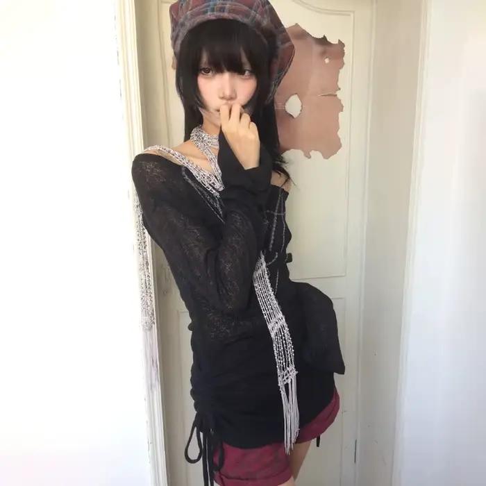 Japonské Y2k pletené topy Grunge s potlačou tetovania Dlhé rukávy Rebarborový Vintage Harajuku nariasený trikot