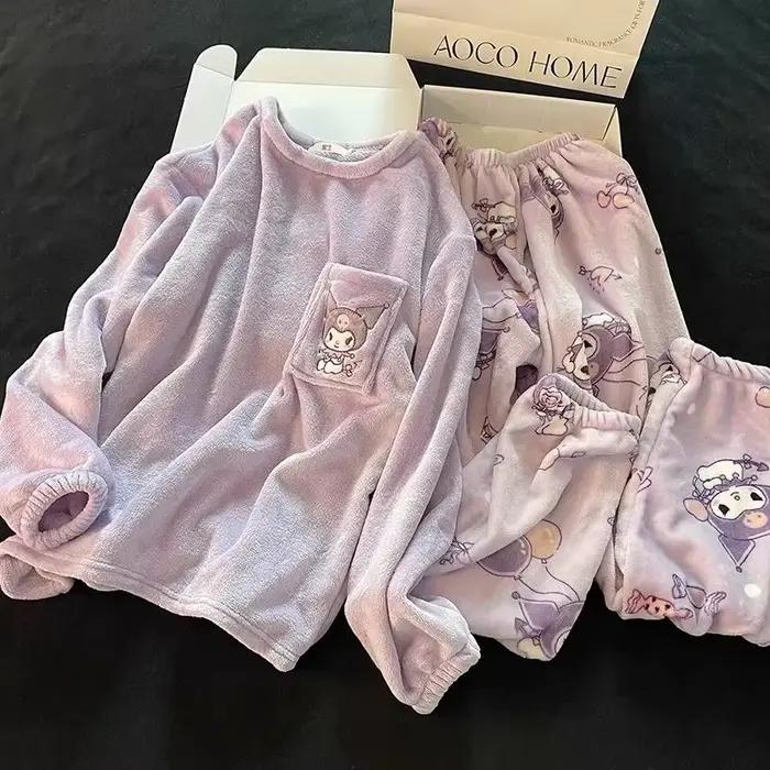Pyjama d'hiver chaud en flanelle et velours corail pour fille, motif Cinnamoroll, Kuromi, My Melody, style anime kawaii 2026