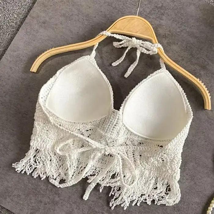 Sexy Boho plážové prázdniny Camisole lano ženy Háčkovaný pletený plavkový podprsenka holý chrbát vesta dutý strapček top