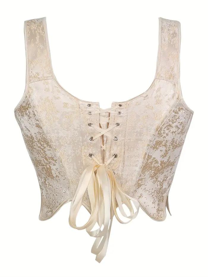 Élégant Corset Vintage Brocart Jacquard pour Femme avec Lacets et Nœud en Ruban de Satin, Serre-taille Camisole