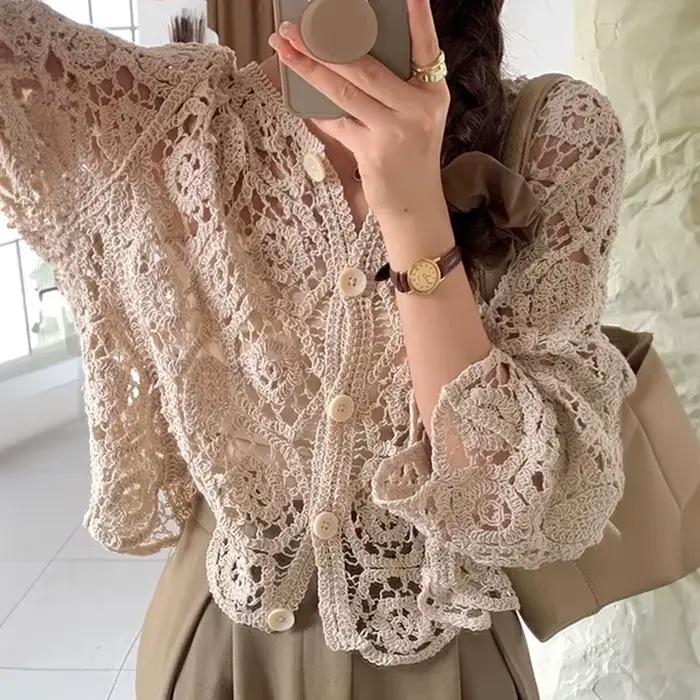 Dlhé rukávy Háčkovaný vrch na pláž Bikiny zakrytie gombíkovaný Cardigan Blúzka pre ženy blusas para mujer dovolenka B