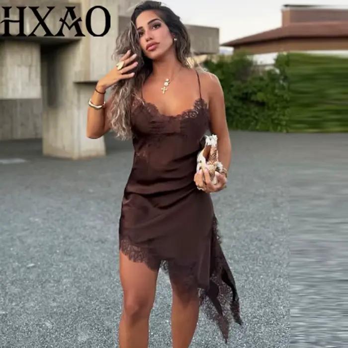 HXAO Dámske šaty bez rukávov z čiernej čipky asymetrické elegantné večerné