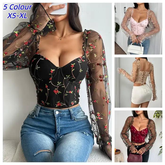 Corset sexy pour femme à manches longues, broderie florale en maille, bustier amincissant à baleines, coupe ajustée, polyvalent et tendance