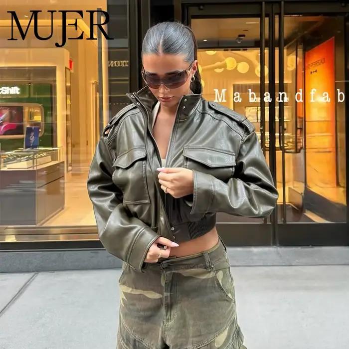 MUJER Umelá koža Strihaná bunda ženy Bomber Polosezónne bundy pre