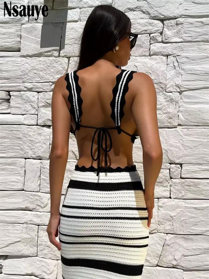 Nsauye Sexy Club Party Ženy Pletené Y2K Pruhované Neformálne Leto Pláž Dovolenka Mini Bikini Úroda Vrch Dlhá Sukňa Dva
