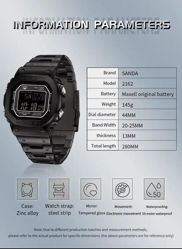 SANDA 2162 pánske elektronické hodinky štvorcové vodotesné multifunkčné náramkové