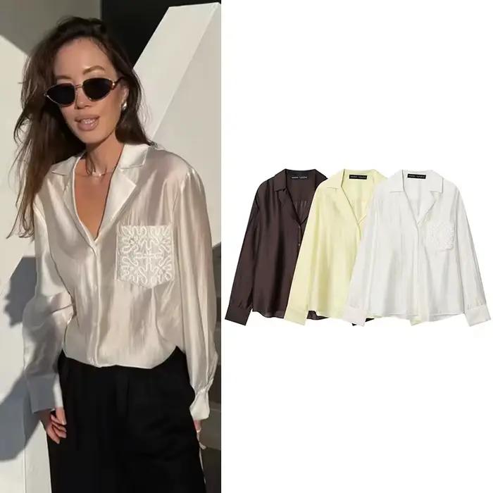 Chemise Nové jarné košele 2026 pour femme, chemisiers polyester décontractés et élégants, col en V, ajustement lâche, automne-hiver, occasionnel, confortable